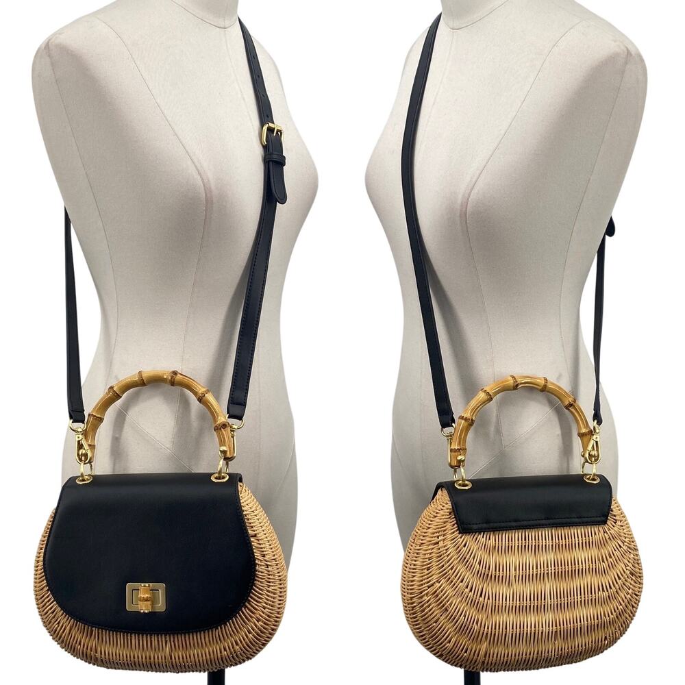 Talbots Bamboo Top Handle Bag Real Leather Wicker Crossbody Convertible Black